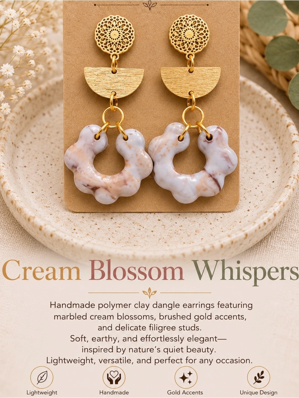 Gold Filigree & Cream Marbled Hoop Dangle Earrings